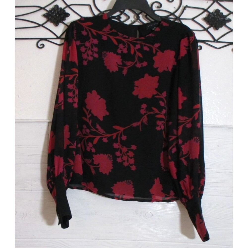 Anthropologie Sanctuary Top Women's Size M Black Floral Sleeve Round Neck